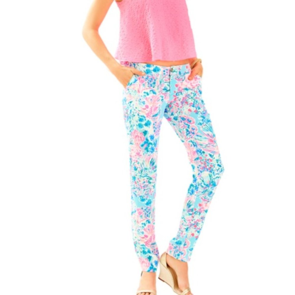 Lilly Pulitzer Serene Blue Gypsea Alina Slim Pants Size 0 Colorful Vacation NWT